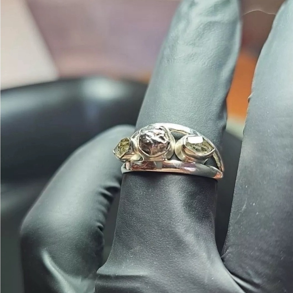 Meteorite and Herkimer Diamond Ring ~ Handcrafted Size 9.5